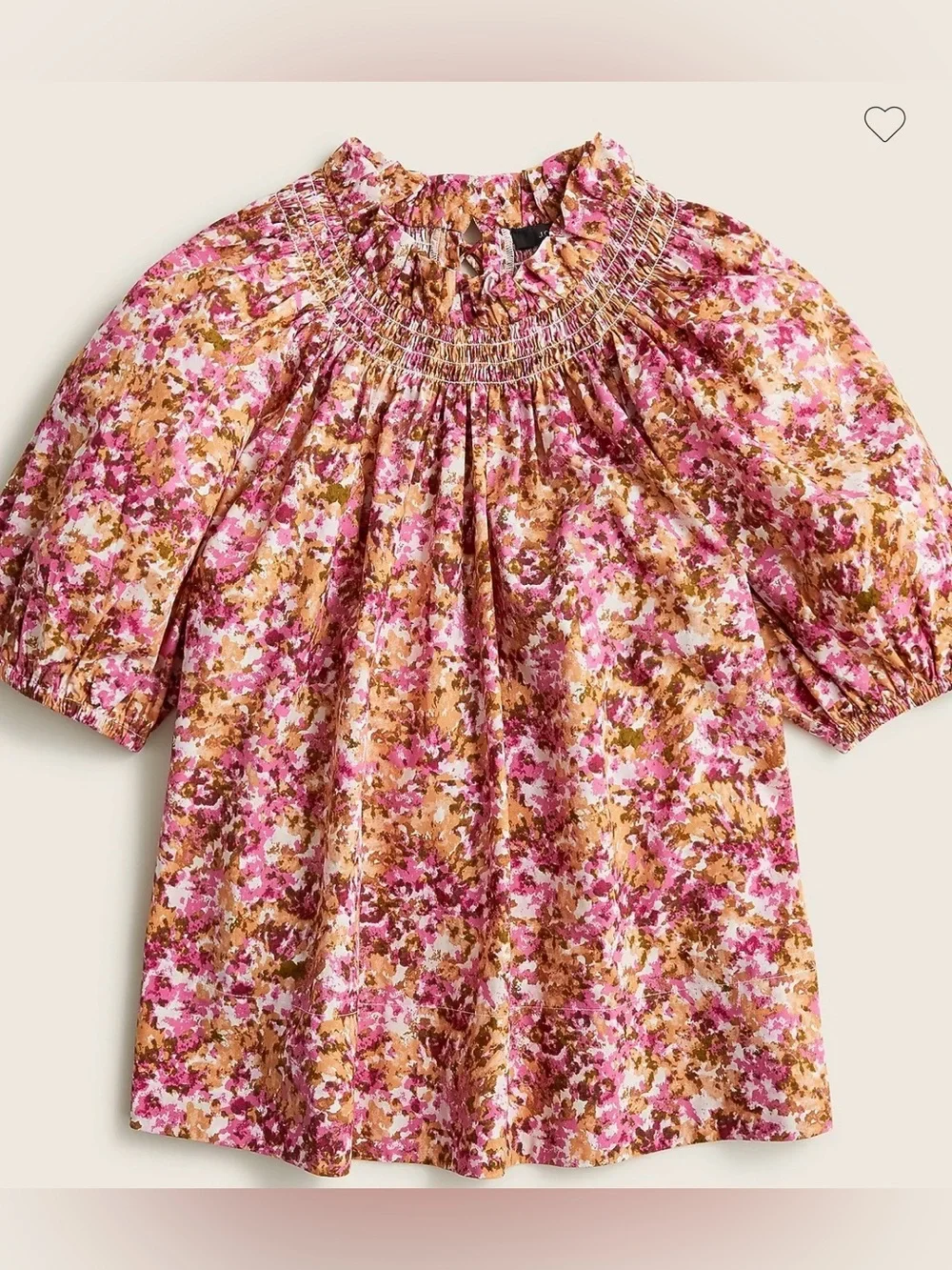 J. Crew Smocked Puff-Sleeve Blouse, Ties In Back, Pink Faded Floral, Size XXS